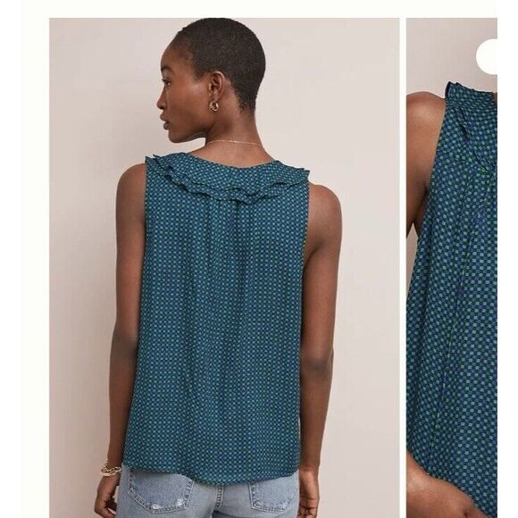 Maeve (M) Anderson Sleeveless Top Anthropologie Green Blue Checker Tie Ruffle - Picture 3 of 13